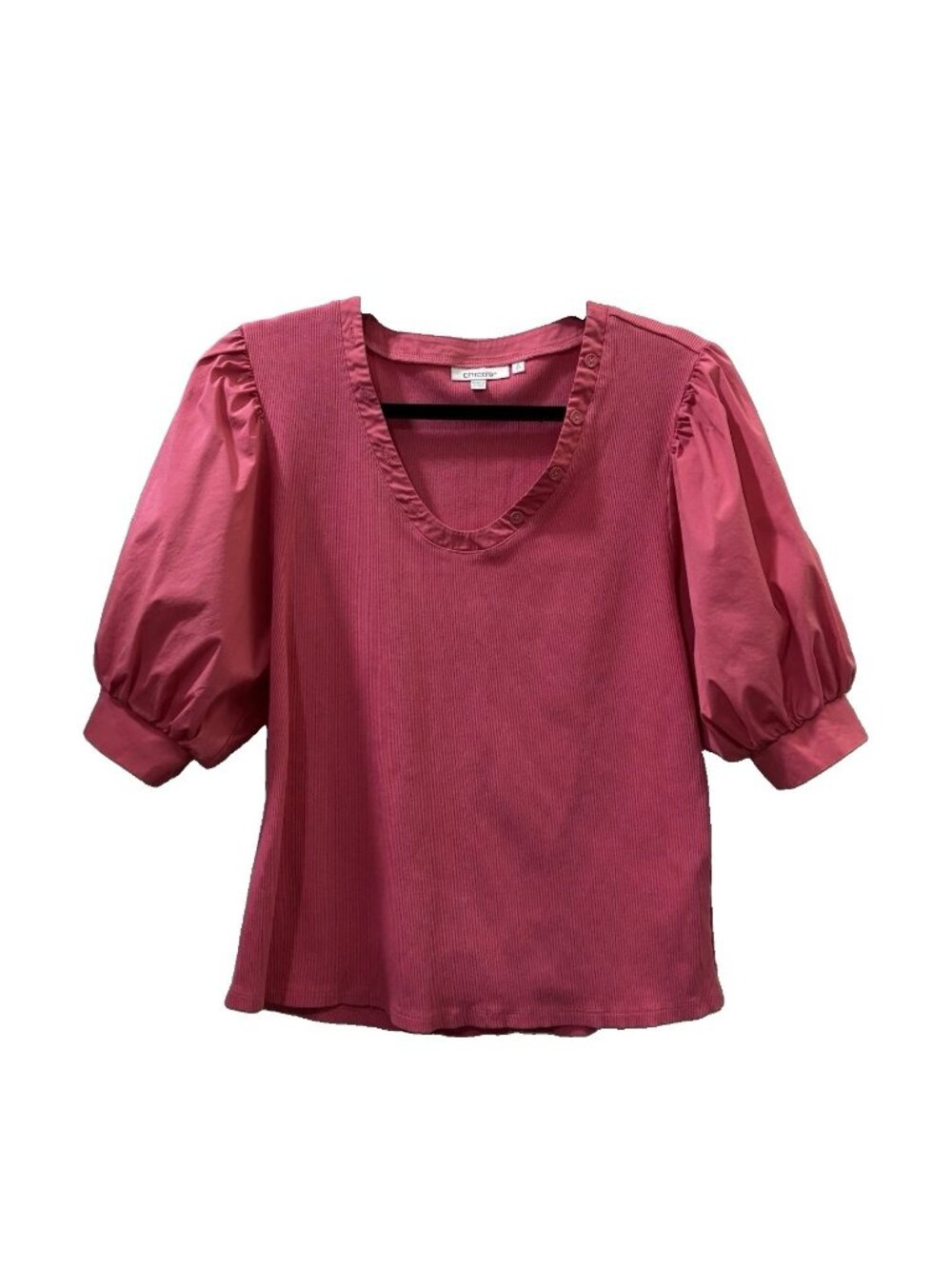 Chico's Pink Ribbed Knit Puff Sleeve V-Neck Pullover Top Women L